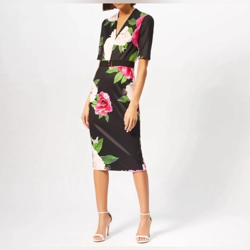 Ted Baker Magnificent V Bodycon Dress NWT Gilanno Black Floral - Picture 1 of 13